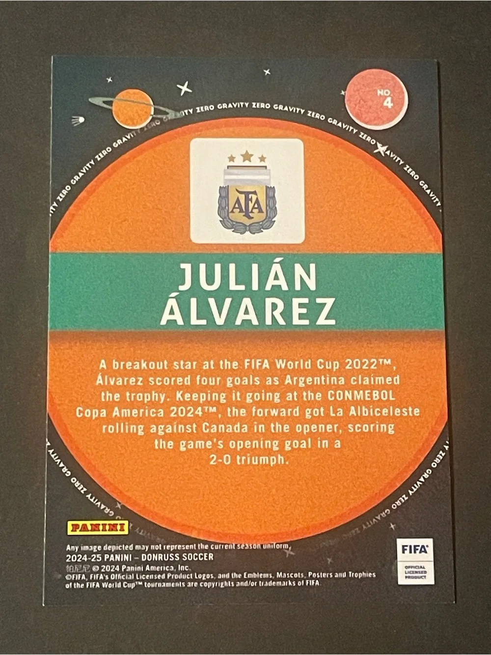 JULIAN ALVAREZ 2024/25 Donruss Zero Gravity - #4 Argentina Card